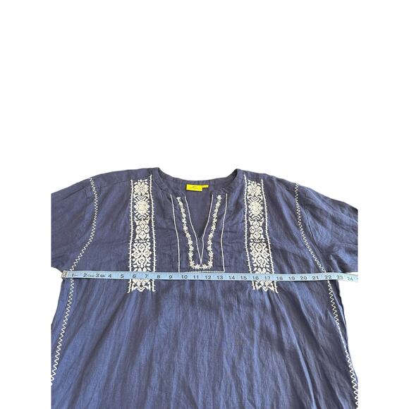 Roller Rabbit Blue White Stitched Lagenlook Boho Relaxed Tunic Dress Size Large - Picture 10 of 13